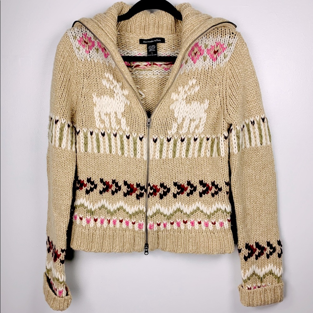 Abercrombie Wool Reindeer Zip-Up Knit Sweater L